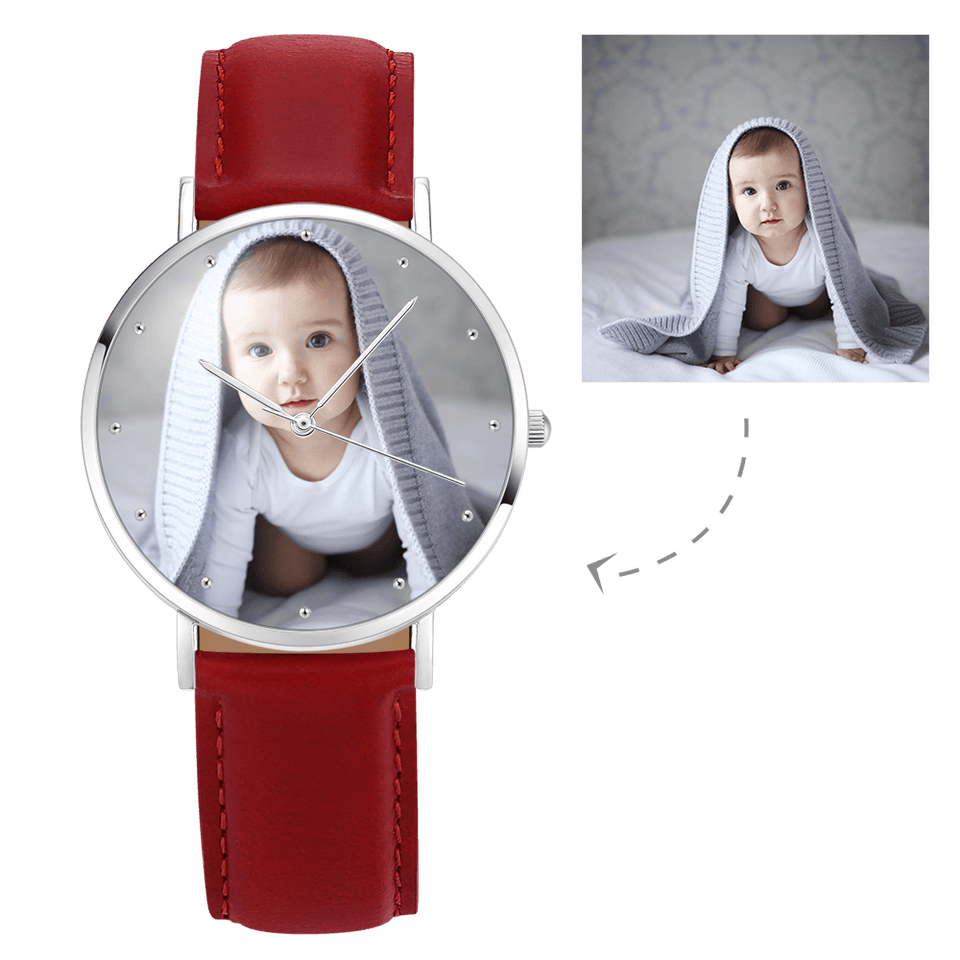 Unisex Engraved Photo Watch Brown Leather Strap - Personalized Watch