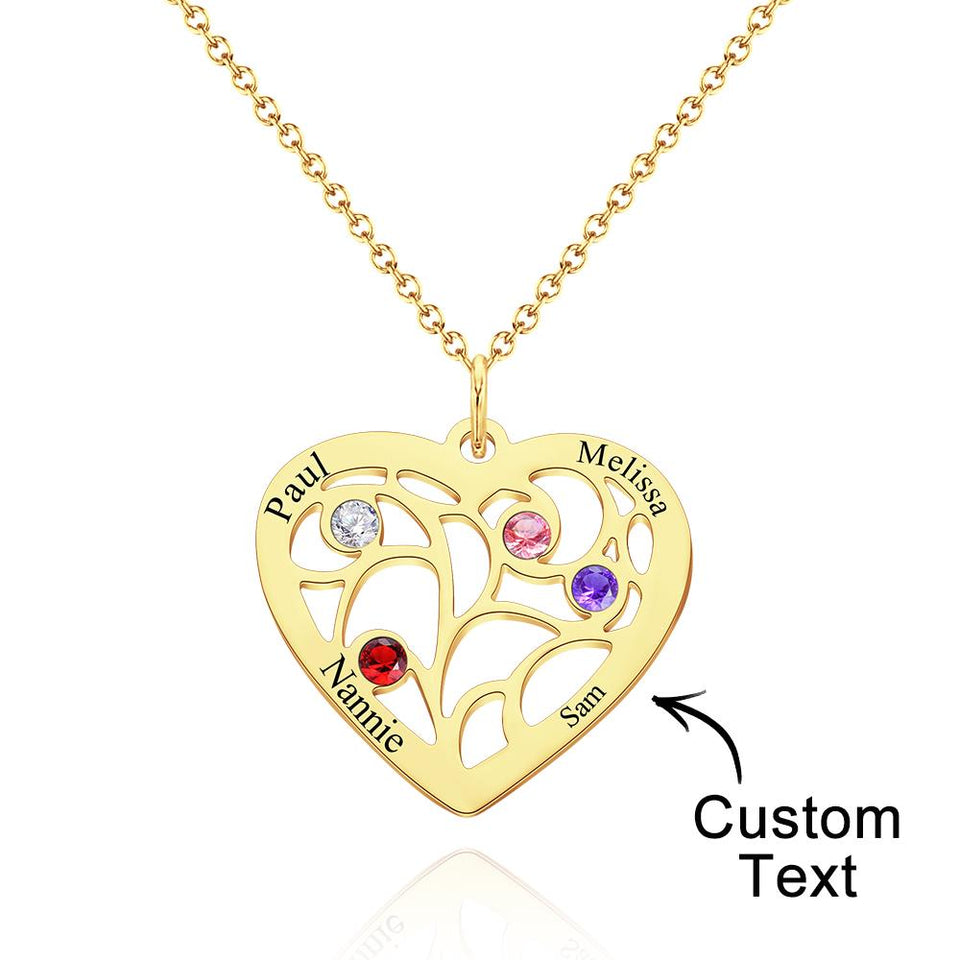 Our Family - Personalized Family Name Heart Pendant Necklace with Birthstone