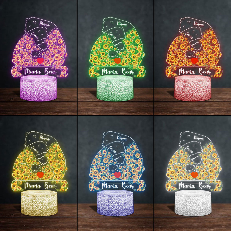 Mama Bear Sunflower - Personalized Mother Shaped Plaque Light Base
