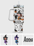 Cute Witch Halloween Ghost Boo Cat - Personalized Witch Tumbler With Handle