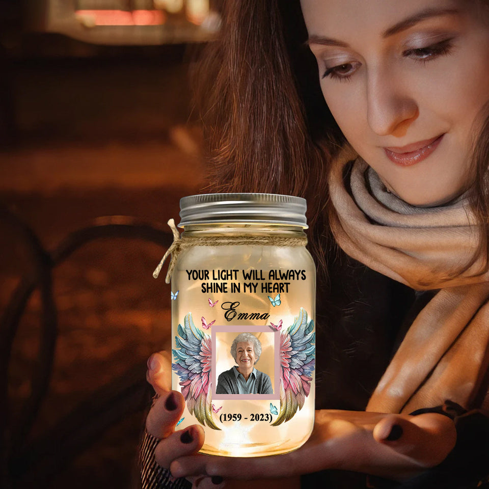 Ta lumière brillera toujours dans mon cœur - Lampe commémorative personnalisée en bocal Mason