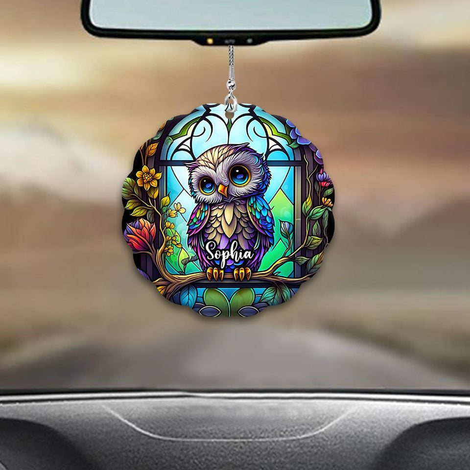 Chouette mignonne en vitrail - Ornement de voiture personnalisé en forme de hibou - Décoration de voiture sur mesure