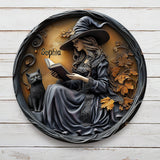Beautiful Witch & Her Black Cat - Personalized Witch Round Metal Sign