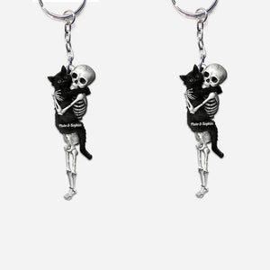 Funny Skeleton & Cat - Personalized Black Cat Custom Shaped Keychain