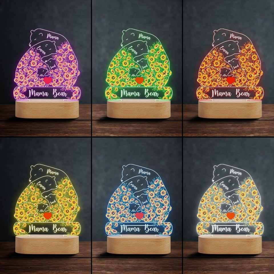 Mama Bear Sunflower - Personalized Mother Shaped Plaque Light Base