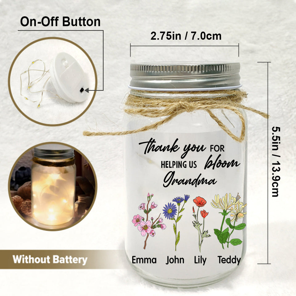 Thank You For Helping Us Bloom - Personalized Grandma Mason Jar Light