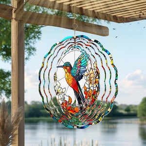 Beautiful Hummingbird Surrounded by Flowers - Personalized Hummingbird Wind Spinner