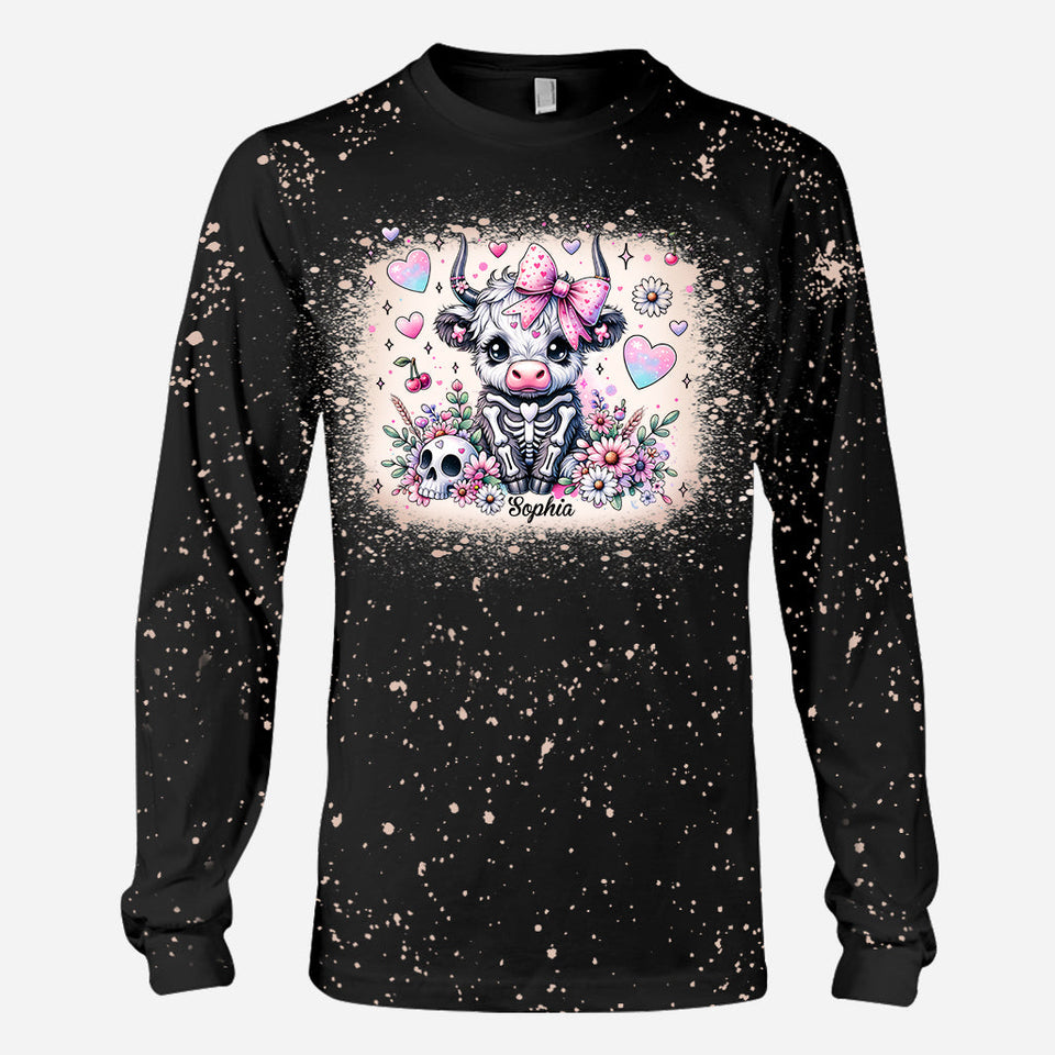 Cute Spooky Halloween Highland Cow - Personalized Bleached T-Shirt