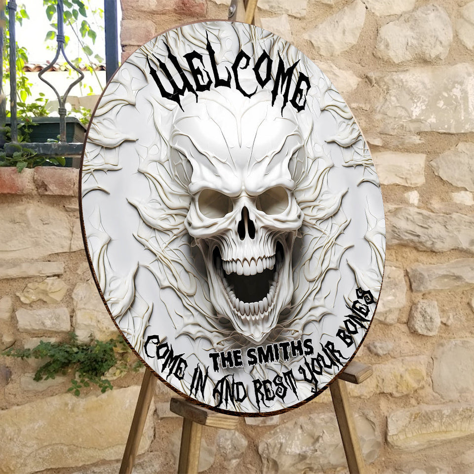 Come In And Rest - Personalized Skull Round Wood Sign