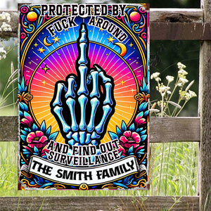 Protected by Fck Around and Find out Surveillance - Personalized Skull Rectangle Metal Sign