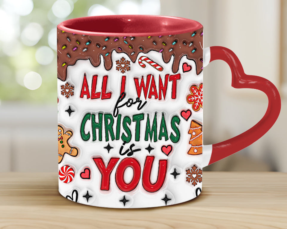 All I Want For Christmas Is You - Personalized Couple Heart Handle Mug