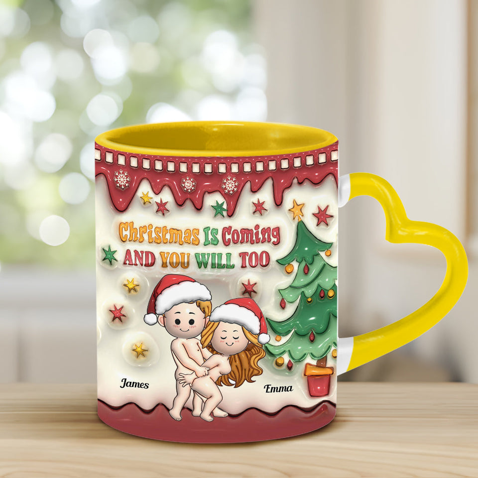 Christmas Is Coming - Personalized Couple Heart Handle Mug