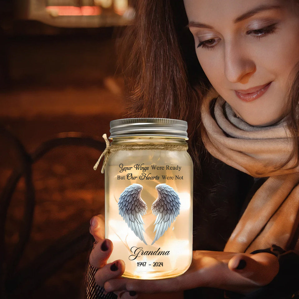Magnifiques ailes d'ange - Lampe commémorative personnalisée en bocal Mason