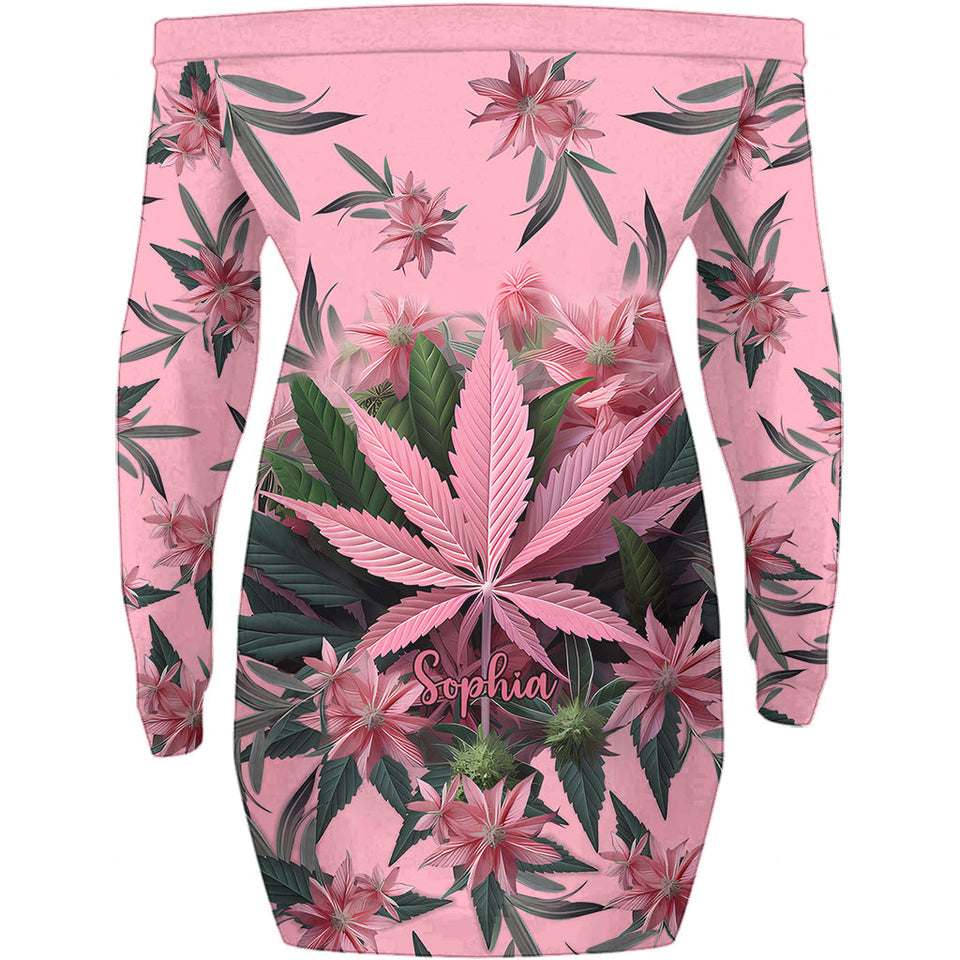 Stoner Chick - Personalized Weed Off Shoulder Long Sleeve Dress