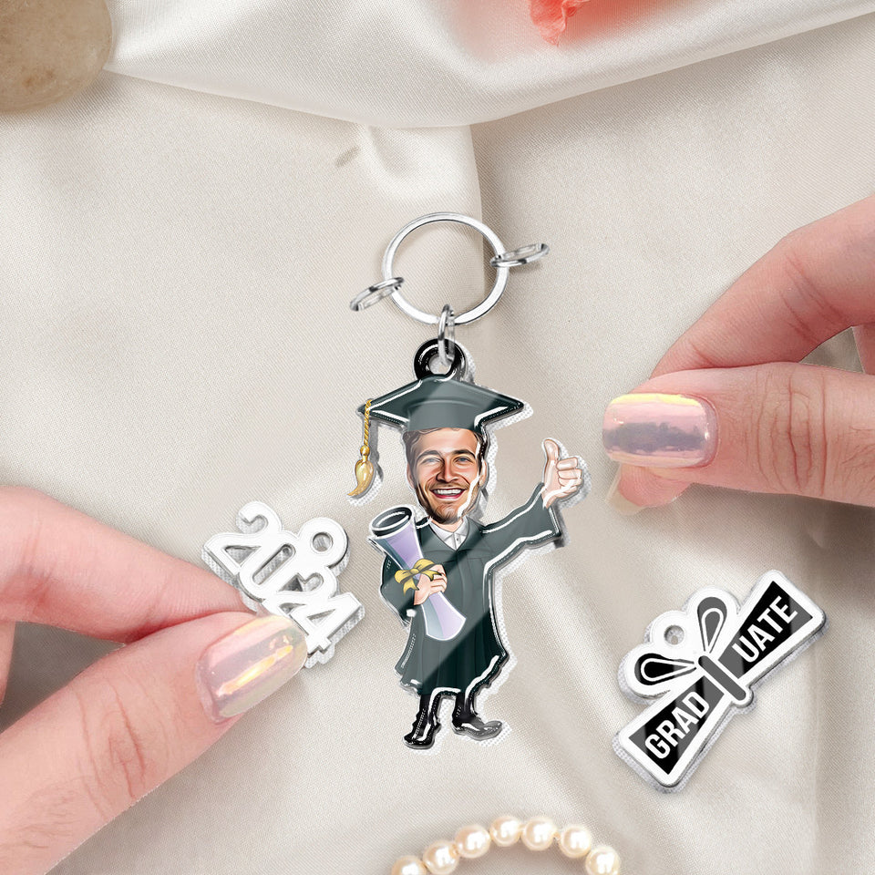 Funny Graduate Caricature - Personalized Graduation Keychain with Charms