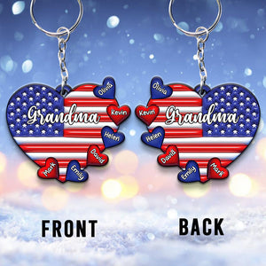 Grandma & Grandkids Puff Heart Flag - Personalized Grandma Keychain