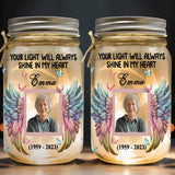 Ta lumière brillera toujours dans mon cœur - Lampe commémorative personnalisée en bocal Mason