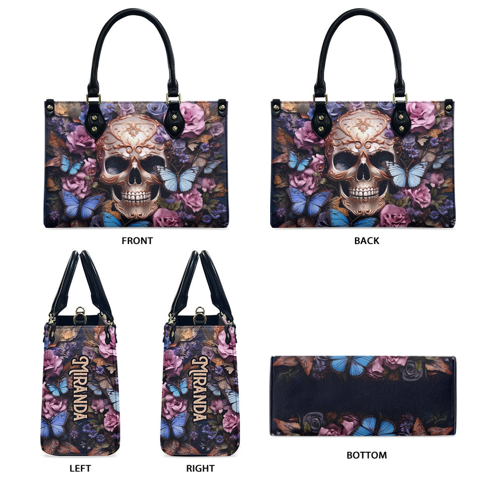 Beauty Of The Dark Skull Roses Butterflies - Personalized Skull Leather Handbag