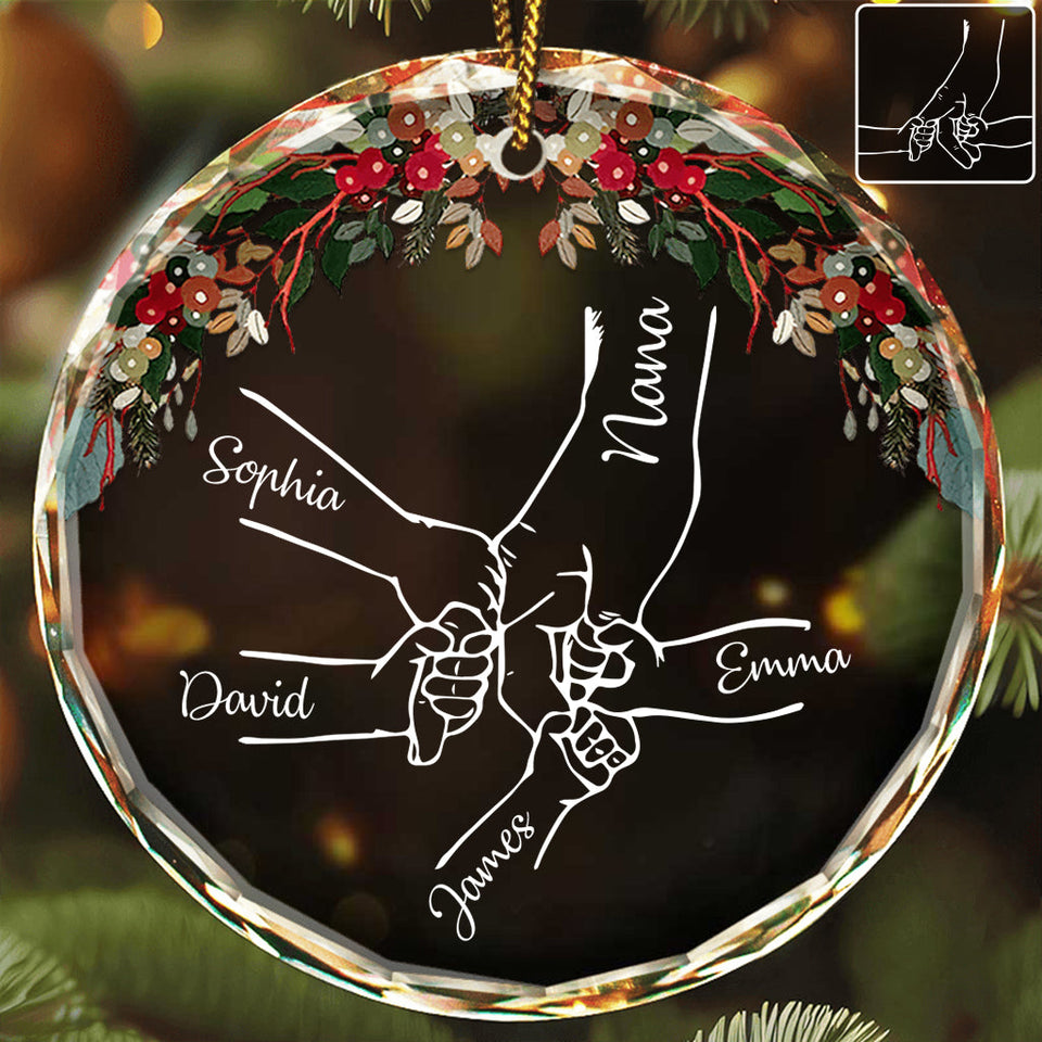 Holding Hands - Personalized Grandma Round Shaped Glass Ornament