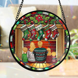 Happy Family Sitting By The Fireplace - Personalized Family Stained Glass Suncatcher