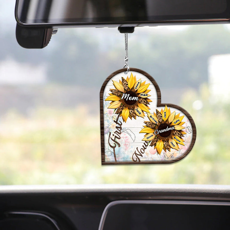 First Mom Now Grandma Sunflower - Personalized Grandma Car Ornament