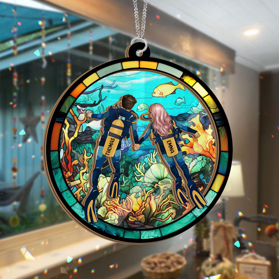 You & Me And The Sea - Personalized Scuba Diving 2 Layered Window Hanging Suncatcher