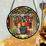 Happy Family Sitting By The Fireplace - Personalized Family Stained Glass Suncatcher
