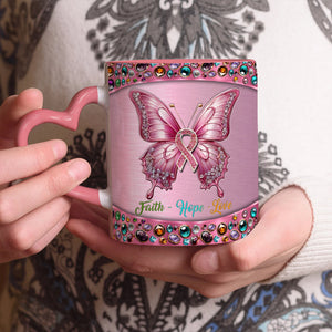 Foi, Espoir, Amour - Mug personnalisé avec anse en forme de cœur pour la sensibilisation au cancer du sein