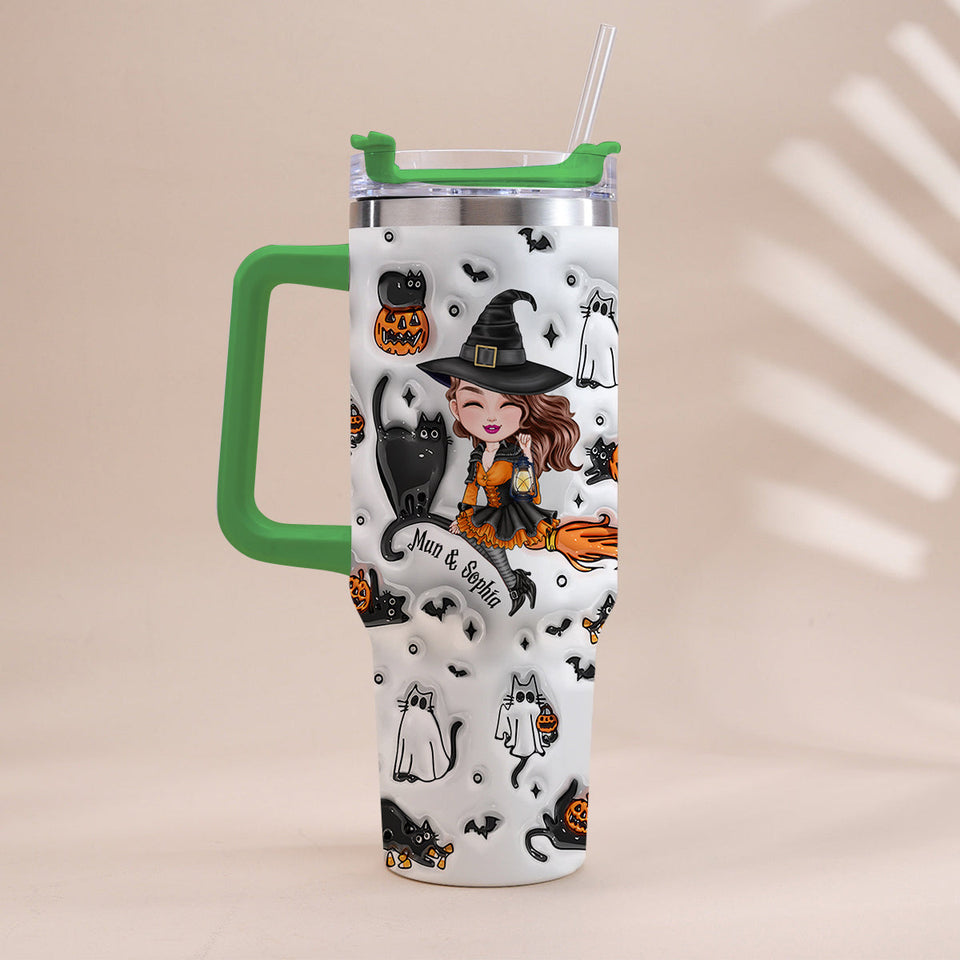 Cute Witch Halloween Ghost Boo Cat - Personalized Witch Tumbler With Handle
