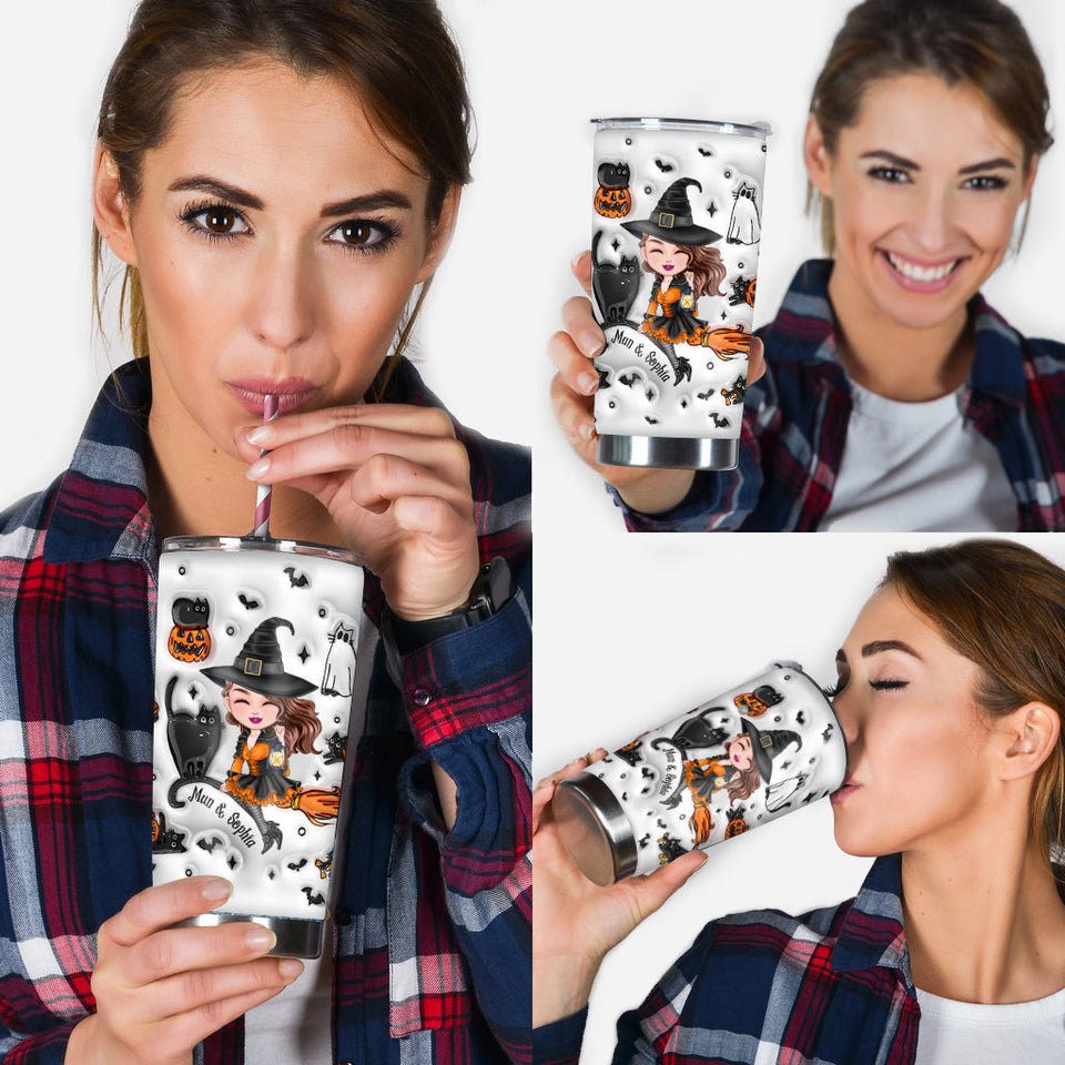Cute Witch Halloween Ghost Boo Cat - Personalized Witch Tumbler