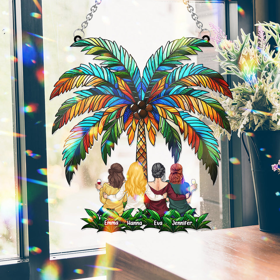 Besties Under The Palm Tree - Personalized Bestie Window Hanging Suncatcher Ornament