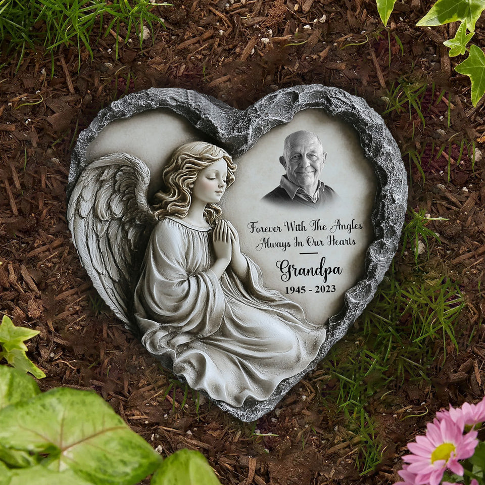 Forever With The Angles, Always In Our Hearts - Personalized Memorial Heart Shaped Stone