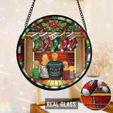 Happy Family Sitting By The Fireplace - Personalized Family Stained Glass Suncatcher