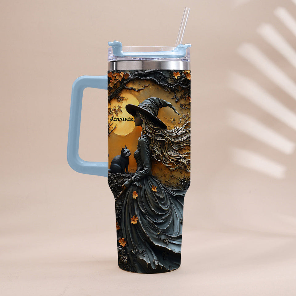 Beautiful Witch & Her Black Cat - Personalized Witch Tumbler With Handle