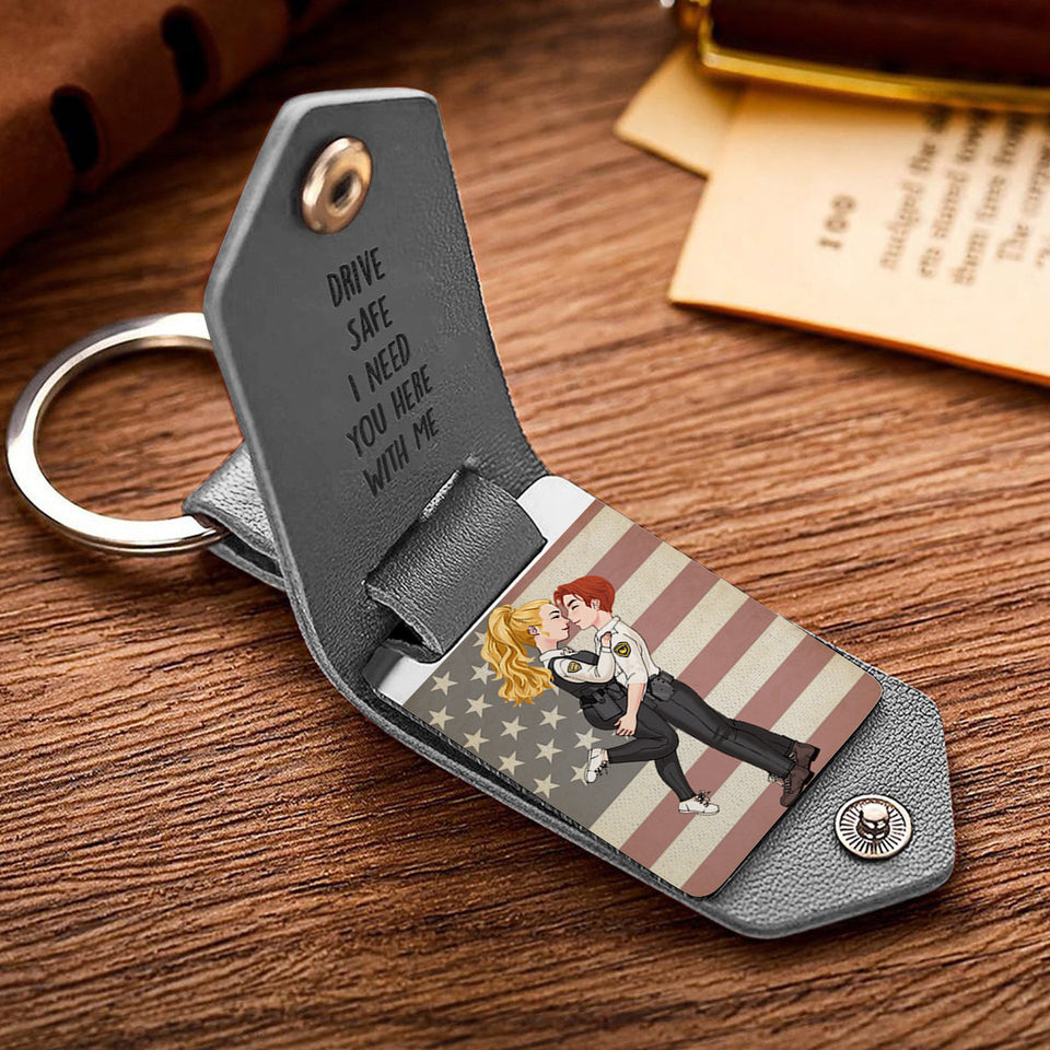 Drive Safe I Need You Here With Me - Personalized Couple Leather Photo Keychain