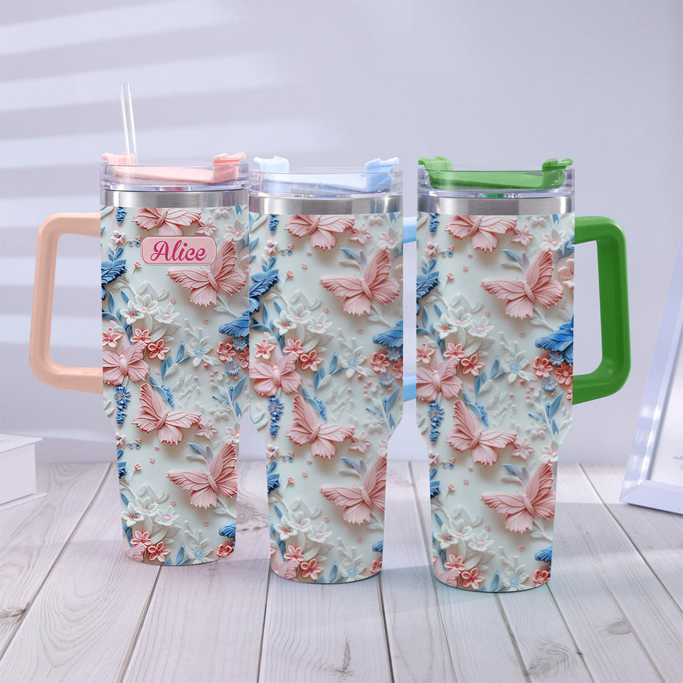 Pink And Blue Butterflies - Personalized Butterfly Tumbler With Handle
