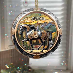 Black Horse In Mountain Sunset - Personalized Horse 2 Layered Window Hanging Suncatcher