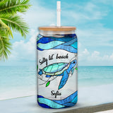 Salty Lil' Beach Blue Ocean Summer Vibes - Personalized Turtle Can Glass