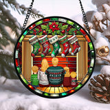Happy Family Sitting By The Fireplace - Personalized Family Stained Glass Suncatcher