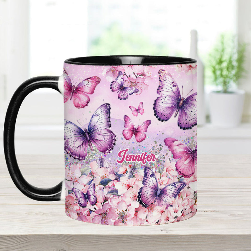 Pink Floral Butterfly - Personalized Butterfly Accent Mug