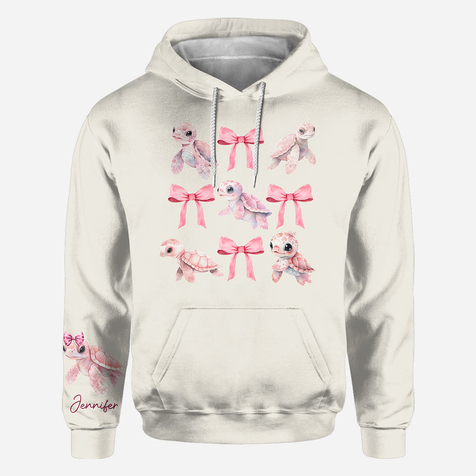 Pink Ribbon Coquette Bow Watercolor Turtle - Personalized Turtle All Over Shirt