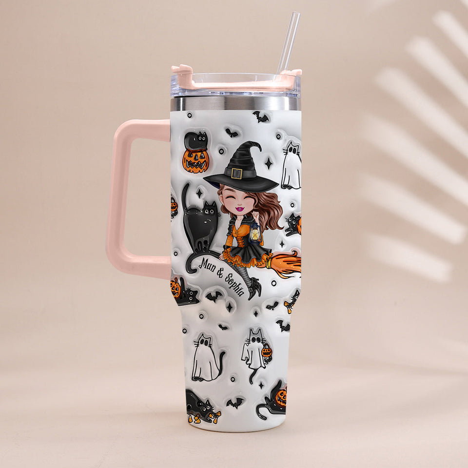 Cute Witch Halloween Ghost Boo Cat - Personalized Witch Tumbler With Handle