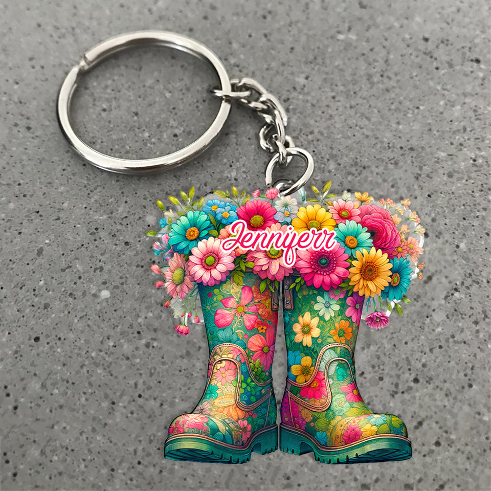 Floral Garden Boots - Personalized Gardening Keychain