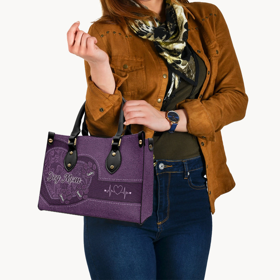Dog Mom Cat Mom Heart And Paws - Personalized Dog Leather Handbag