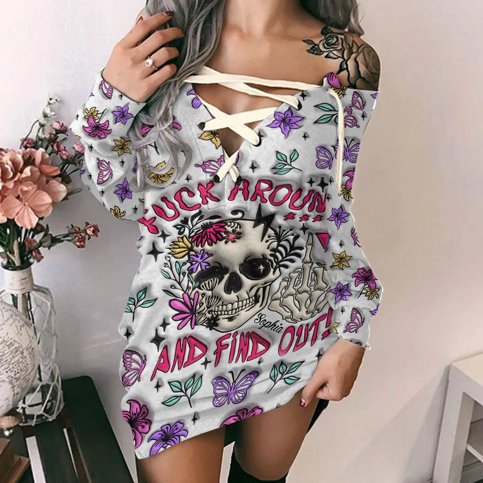 Fuck Around And Find Out - Personalized Skull Off Shoulder Long Sleeve Dress