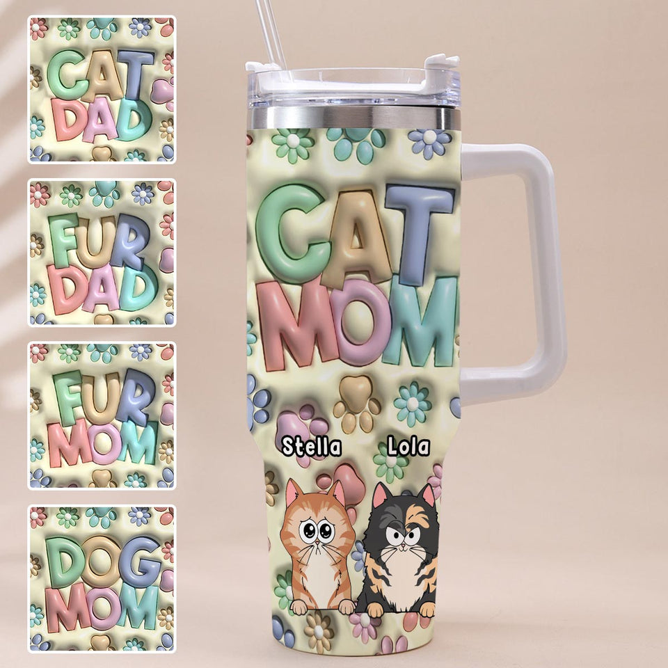 Pet Mom/ Pet Dad Inflated Paws & Flowers - Personalized Dog Tumbler With Handle
