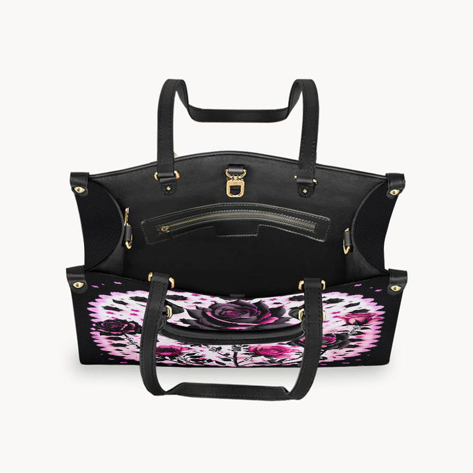Mother Grandma And Children Black And Pink Roses - Personalized Mother Leather Handbag