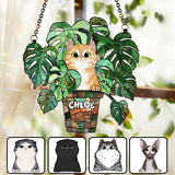 Peeking Cat And Monstera - Personalized Cat Window Hanging Suncatcher Ornament