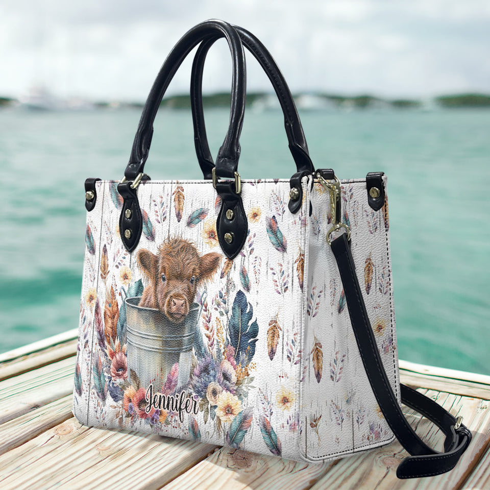 Baby Highland Cow Western Style - Personalized Leather Handbag