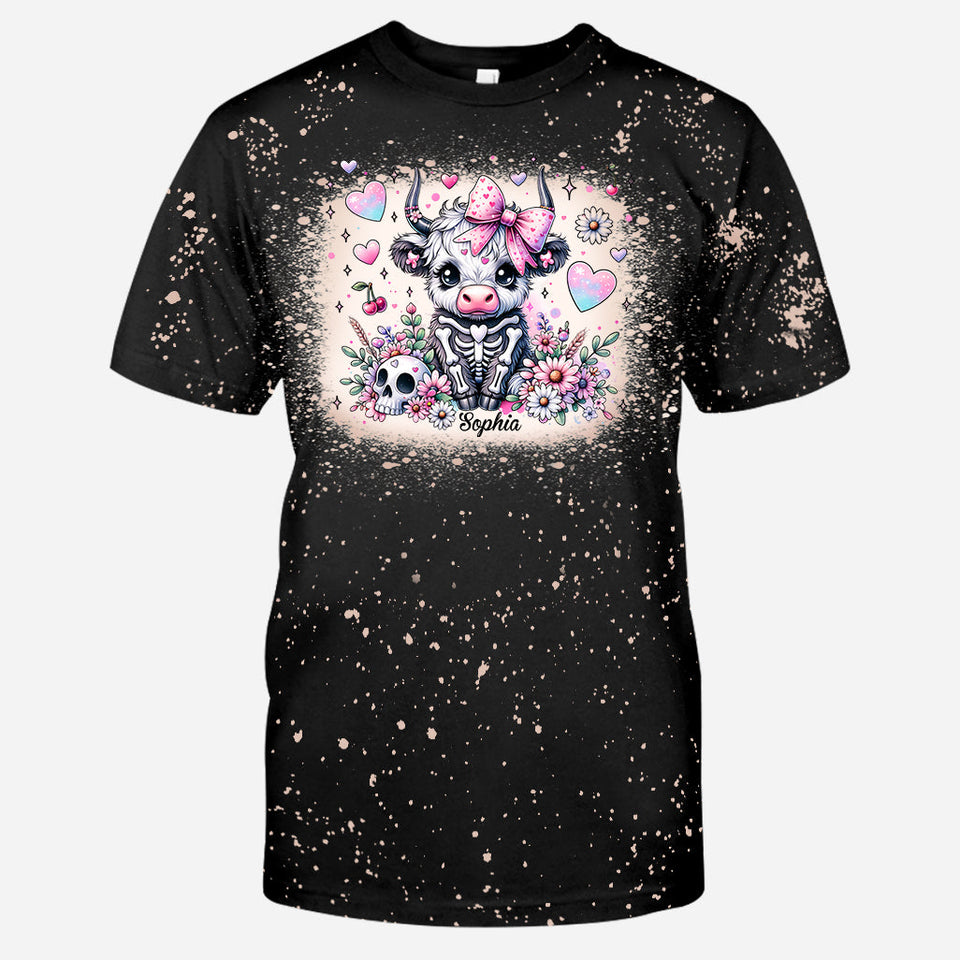 Cute Spooky Halloween Highland Cow - Personalized Bleached T-Shirt